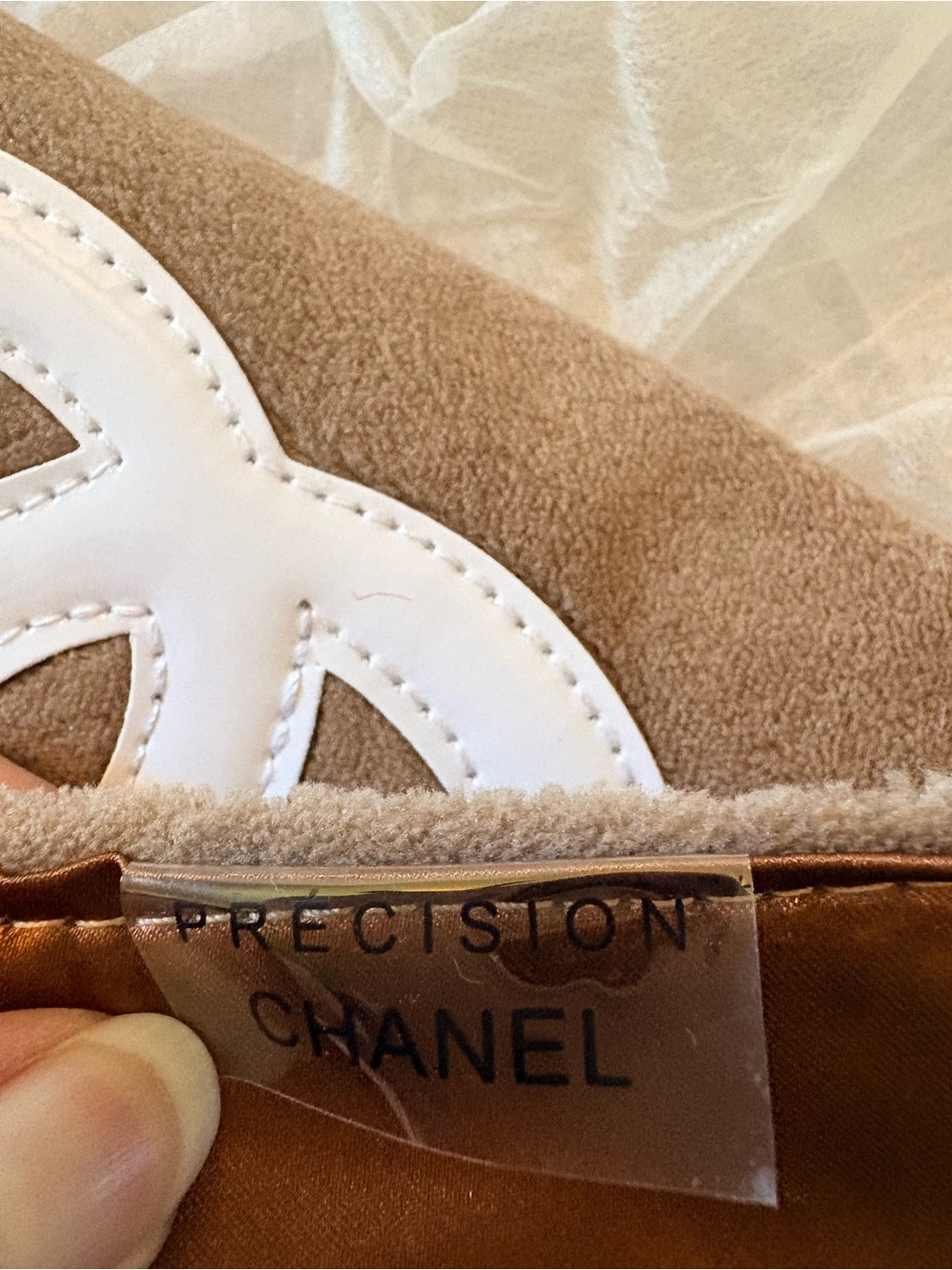 CHANEL Taupe Suede Shoulder Bag with White Logo Detail - Picture 2 of 6